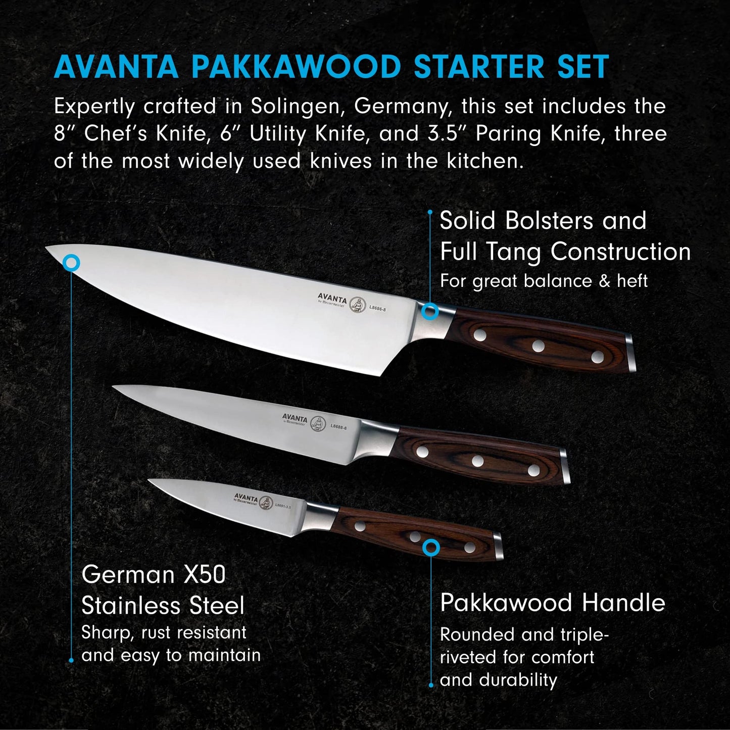 Messermeister Avanta Forged 3-Piece Pakkawood Starter Set - German X50 Stainless Steel - Includes 8” Chef’s Knife, 6” Utility Knife & 3” Paring Knife