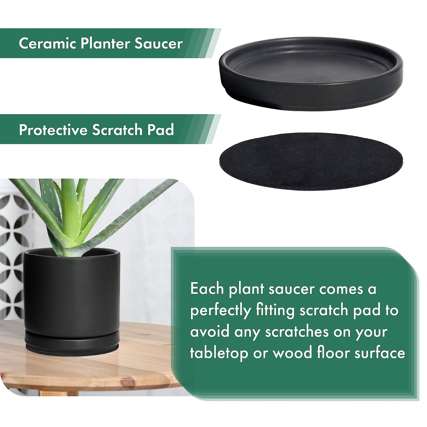 D'vine Dev Modern Round 7.1 Inch Ceramic Plant Pot Saucer, Planter Pot Drainage Tray for Indoor Plants, Matte Black, 97-T-B-3