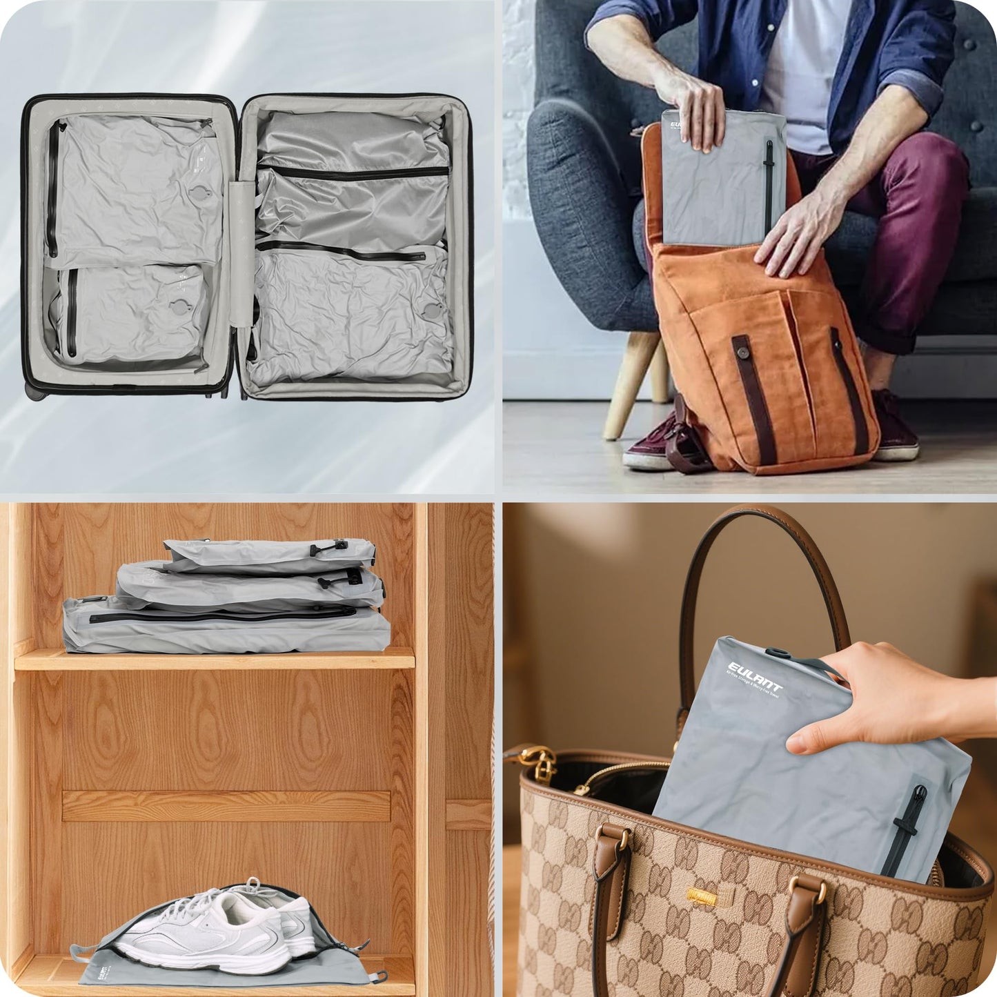 Eulant 4 Set Vacuum Packing Bags for Travel,Professional IPX8 Zip Packing Organizer for Suitcases Backpack,Space Saver Bags Packing Organizers for Clothing Packing