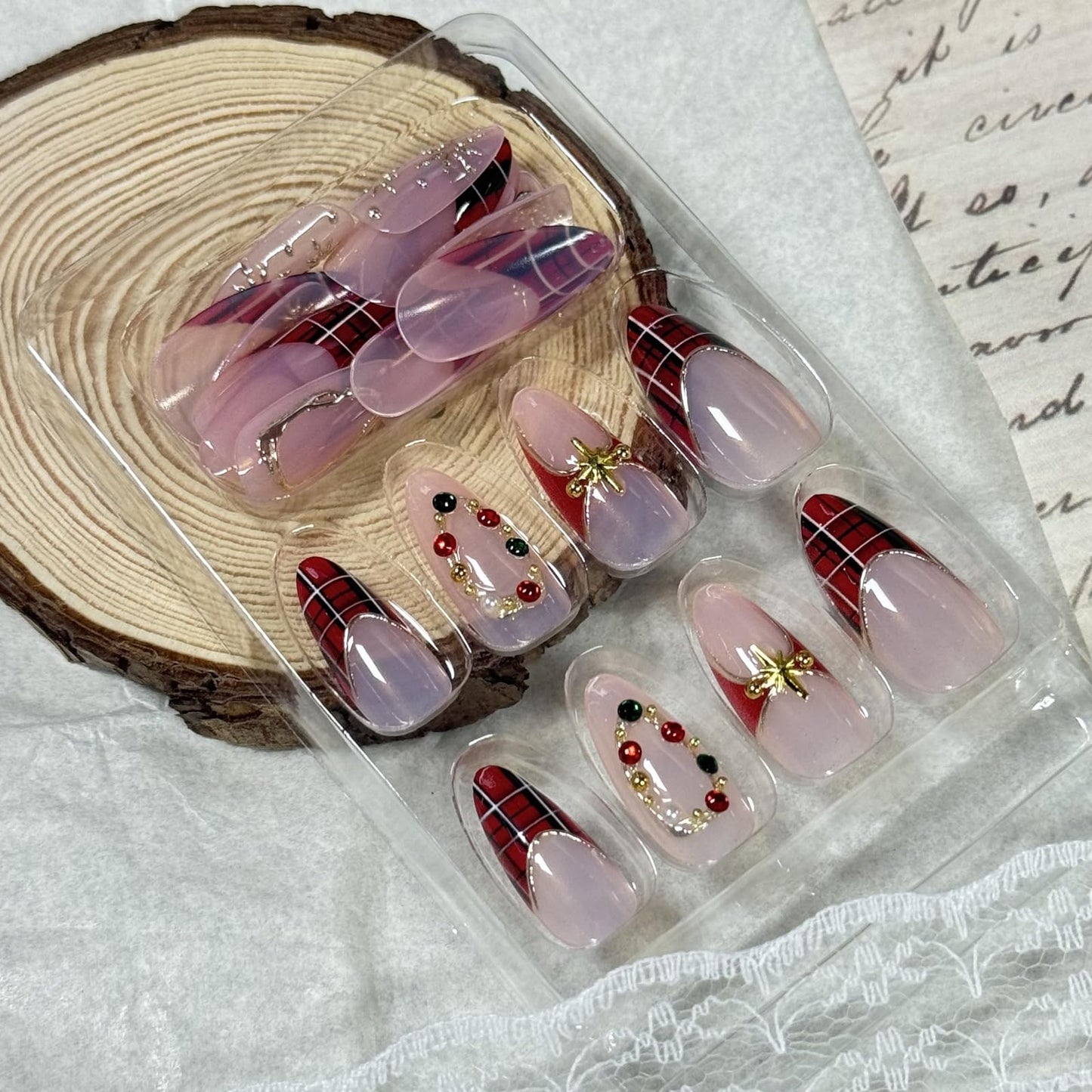 IMRAIN Press on Nails Medium Almond Fake Nails Red Acrylic False Nails with Rhinestones Design Full Cover Handmade Artificial Xmas Glue on Nails