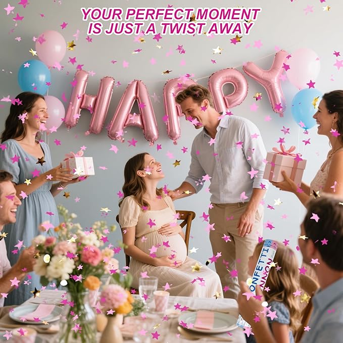 2 Pack Gender Reveal Confetti Cannon, 12 in Pink Star shaped Paper Party Poppers Cannons, Confetti Poppers For Baby Girl Gender Reveal Baby Showers (Star, Pink)