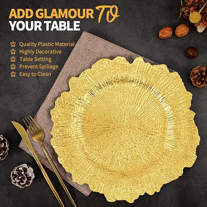 Teruntrue 24 Pcs Gold Charger Plates Bulk 13 Inch Plastic Charger Plates for Dinner Plate, Gold Chargers for Table Setting, Reef Design Plate Floral Decorative Round Chargers for Wedding Party, Event