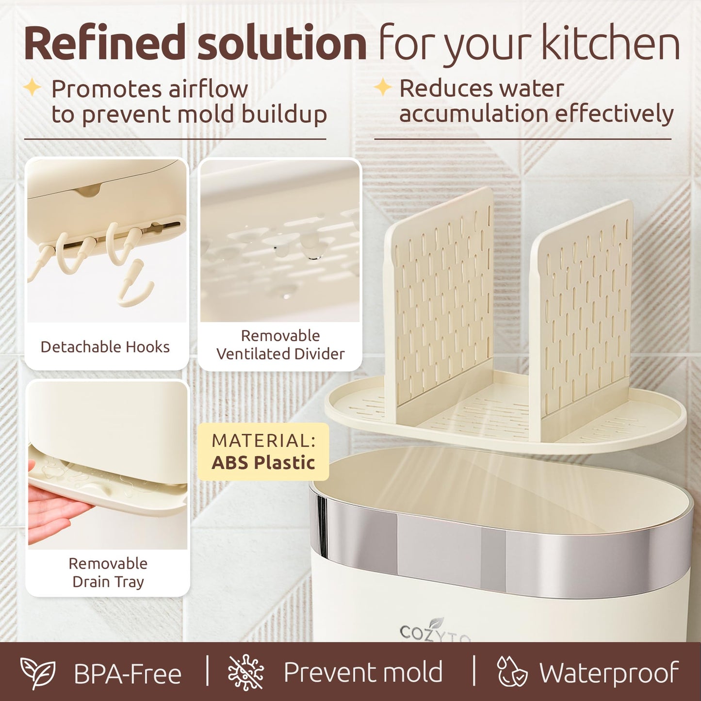 COZYTO LuxTray U1-Pro Wall Mounted Utensil Holder – Kitchen Organizer with Hooks, Dividers & Drain Tray, No-Drill Adhesive Wall Mount Storage, BPA-Free (Cream White & Shiny Silver)