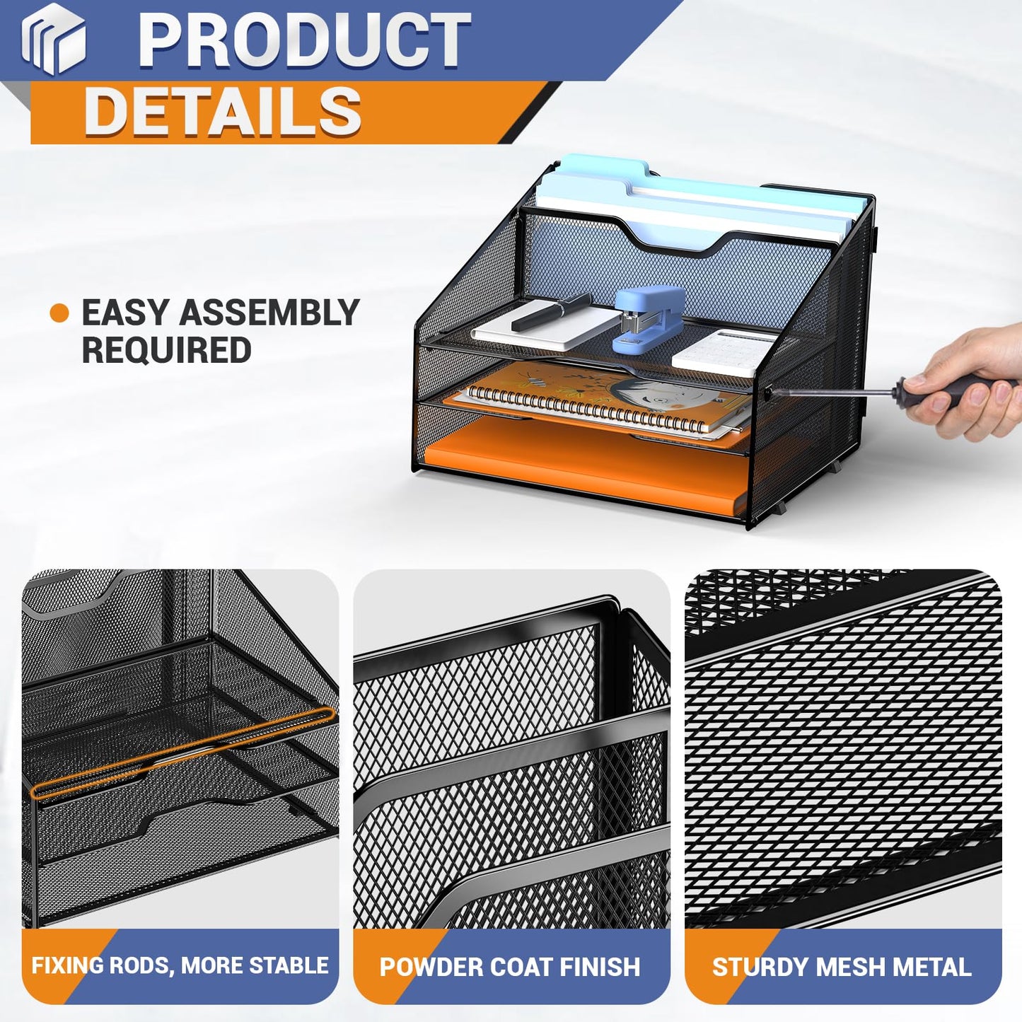 GAWERK Letter Tray Organizer, Mesh Desk File Organizer with 3 Paper Trays and 2 Vertical Upright Section, Blank