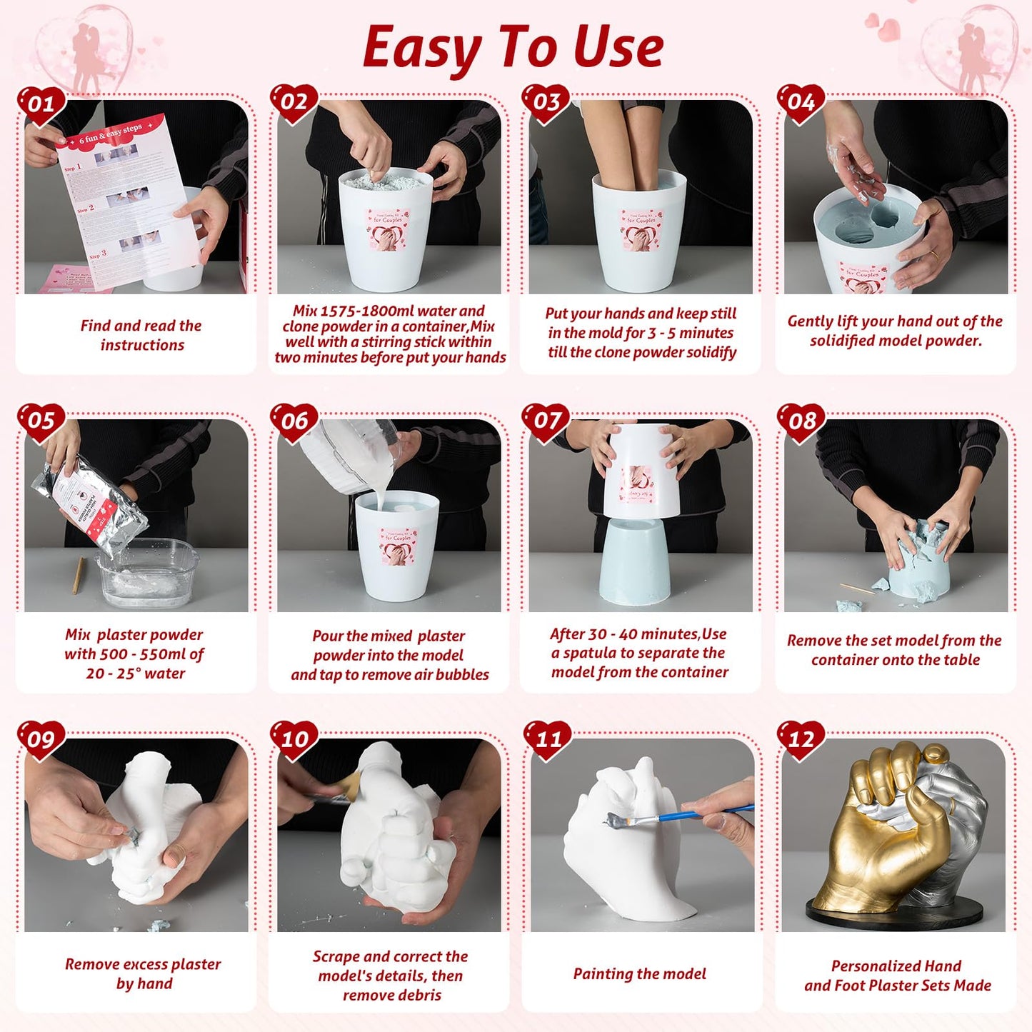 Noosuna Hand Casting Kit for Couples with Base & Paints, Practice Kit, Hand Mold Kit Couples Perfect for Anniversary, Birthday, Romantic Date Night DIY, Unique Gifts for Boyfriend and Girlfriend