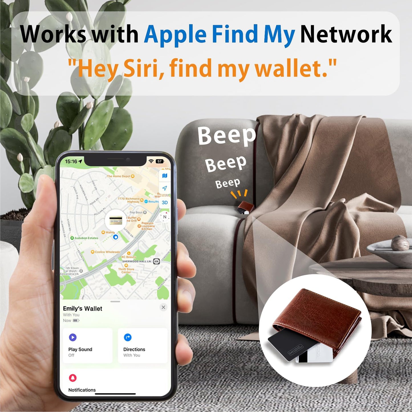 Wallet Tracker Card, Apple Find My Compatible (iOS Only), Slim Smart Bluetooth Tracker, Rechargeable Item Locator for Keys & Luggage, IP68 Waterproof, Gift for Men & Women