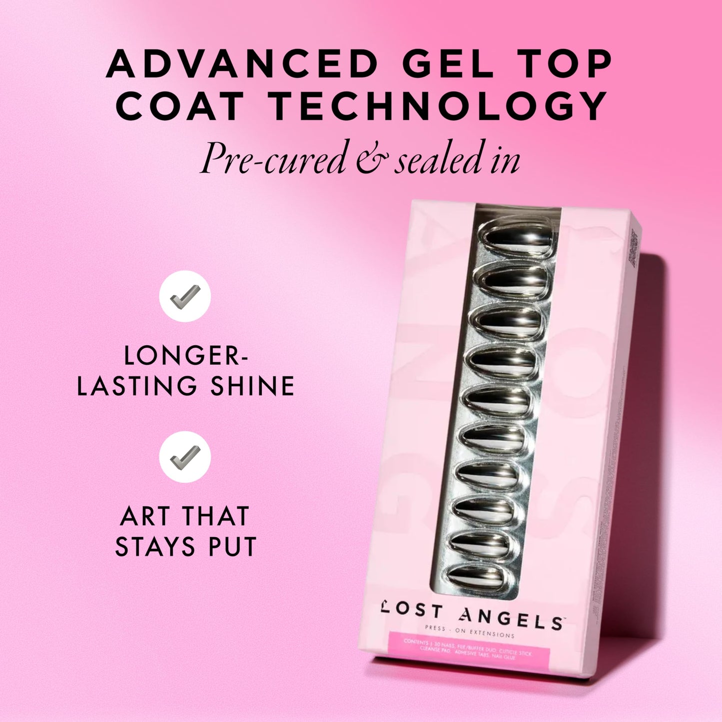 Lost Angels Gel Press On Nails - Chrome Press On Nails - Say Less - Metallic, Shiny, Mirror FInish - Almond Medium Length - Easy Kit with Adhesive Tab or Glue - 30 Count, 15 Sizes