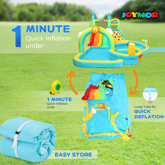 (2026 New) JOYMOR Inflatable Water Slide Bounce House w/Water Bucket, Climbing Wall, Pool, Rainbow Sprinklers, 1min Blow Up Water Slide 10-in-1 for Kids w/Strong Blower, Carrying Bag