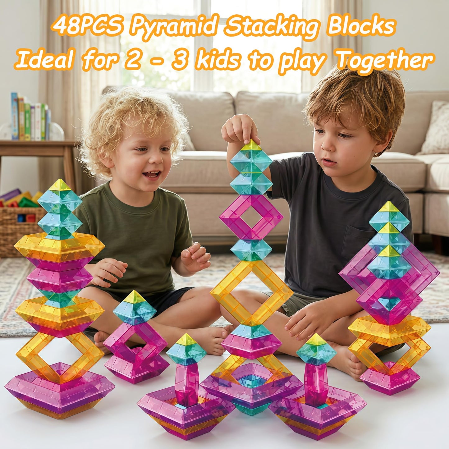 TEANXU 48 PCS Building Blocks Set for Kids, STEM Preschool Learning Stacking Toys for Toddlers Ages 3 4 5 6 - Pyramid Stacking Blocks with Storage Bag - Light Table Compatible