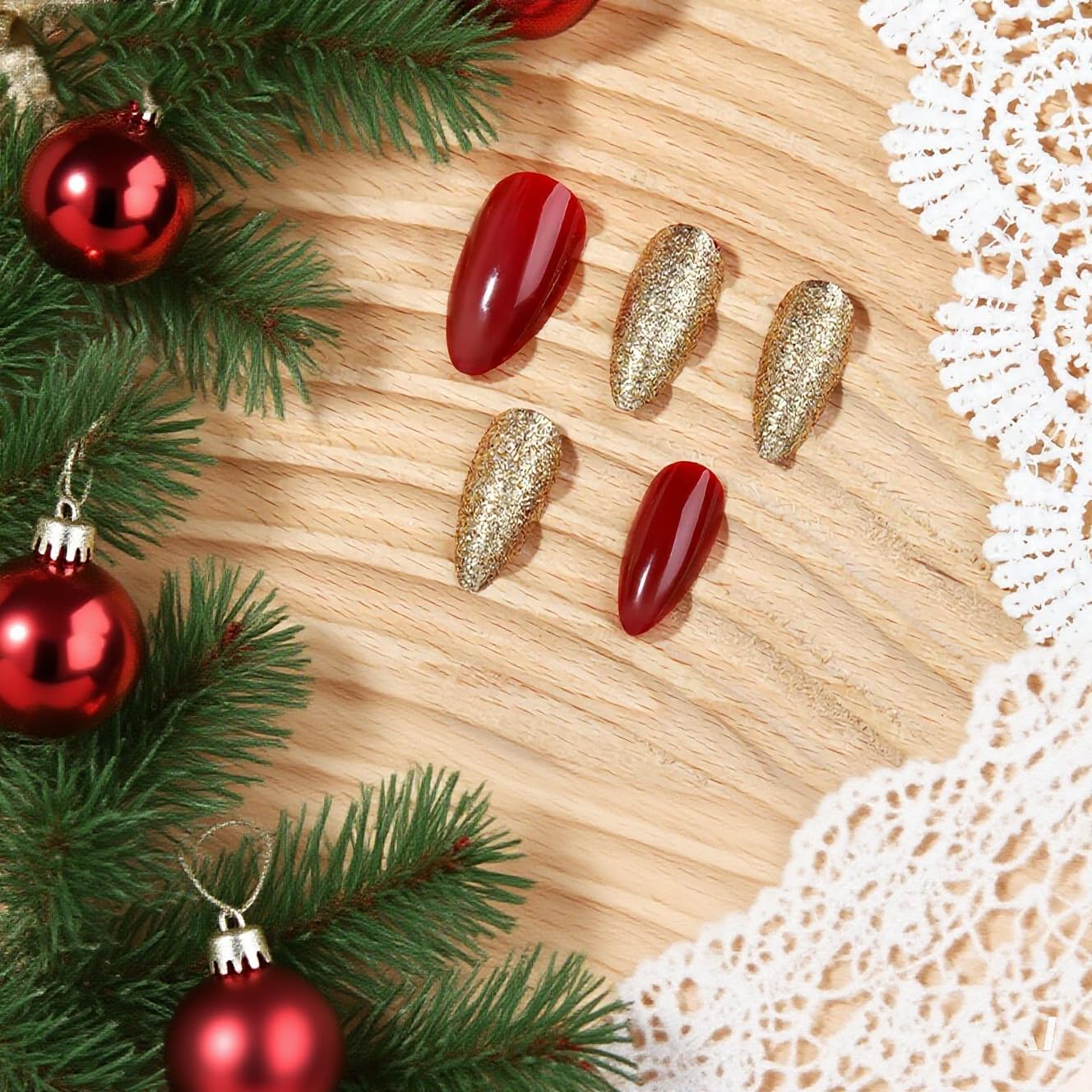 BABALAL Medium Almond Press on Nails, Burgundy Red Acrylic Nails with Gold Glitter Design, 24Pcs Glossy Full Cover Glue on Nails Manicure
