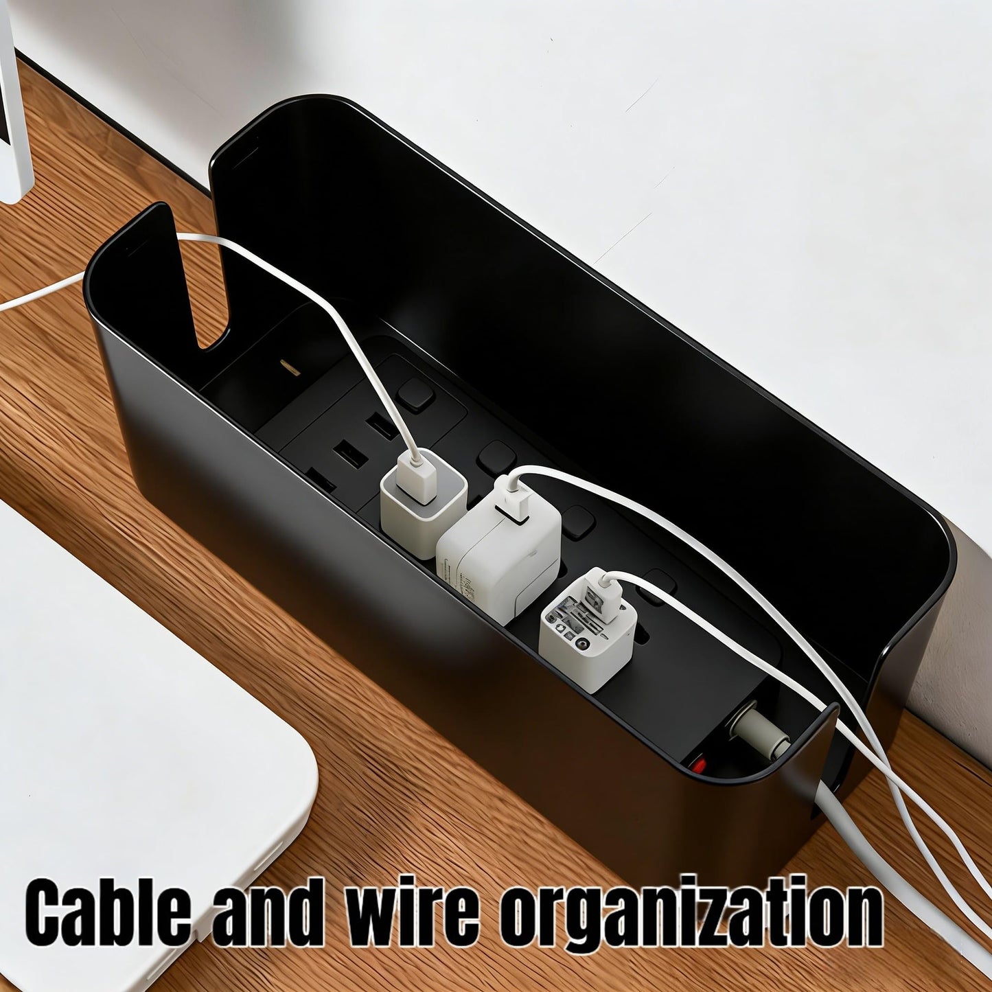 1 Large + 1 Small Cable Management Box Set – 2-Piece Cord Organizer Box, Home Office Desk Wire Storage & Cable Management Solution (Bamboo Lid/Black)