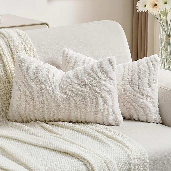 FUTEI White Decorative Throw Pillow Covers 12x20 Inch Set of 2,Soft Faux Fur Geometric Shapes Texture Pillowcase,Boho Home Decor for Couch Bed Living Room
