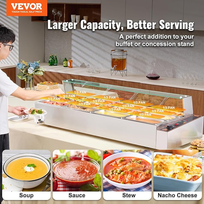 VEVOR 12-Pan Commercial Food Warmer, 12 x 8QT Electric Steam Table with Glass Cover, 1700W Countertop Stainless Steel Buffet Bain Marie 86-185°F Temp Control for Catering, Restaurants, Silver