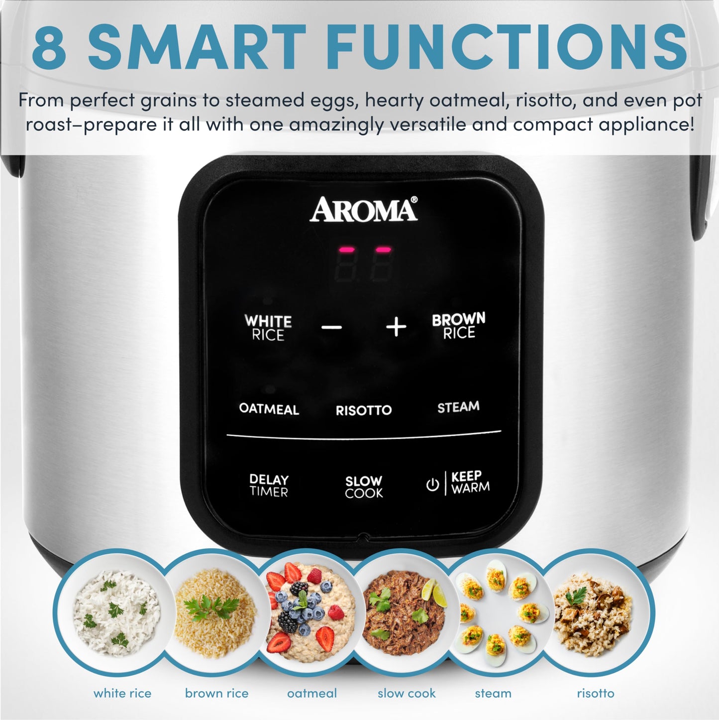 AROMA Digital Rice Cooker, 4-Cup (Uncooked) / 8-Cup (Cooked), Steamer, Multicooker, Slow Cooker, Oatmeal Cooker, Auto Keep Warm, 2 Qt, Stainless Steel Exterior