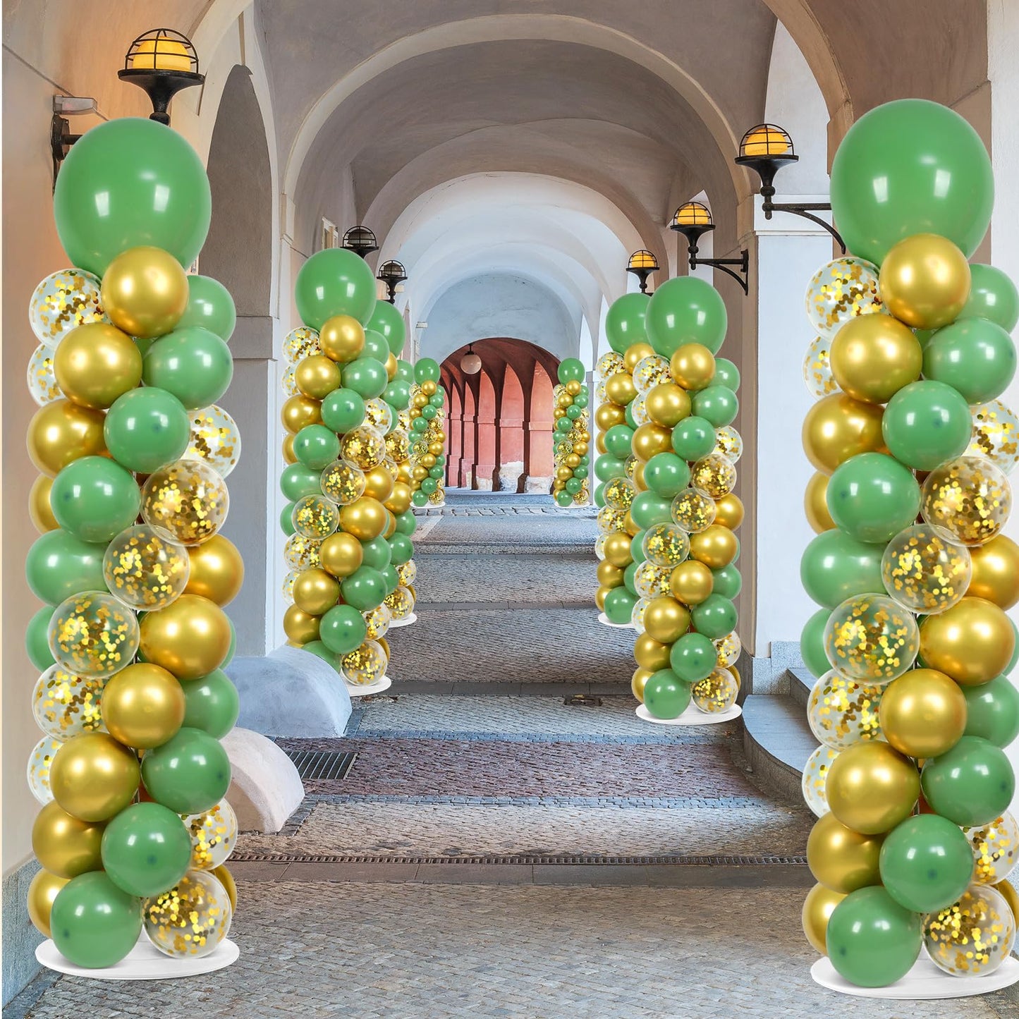 2 Sets Sage Green Balloon Column Stand Kit with 100 Balloons Spring Graduation Adjustable Balloon Tower Stand with Bases Olive Green Gold Column for Mother's Day Birthday Wedding Party Decor