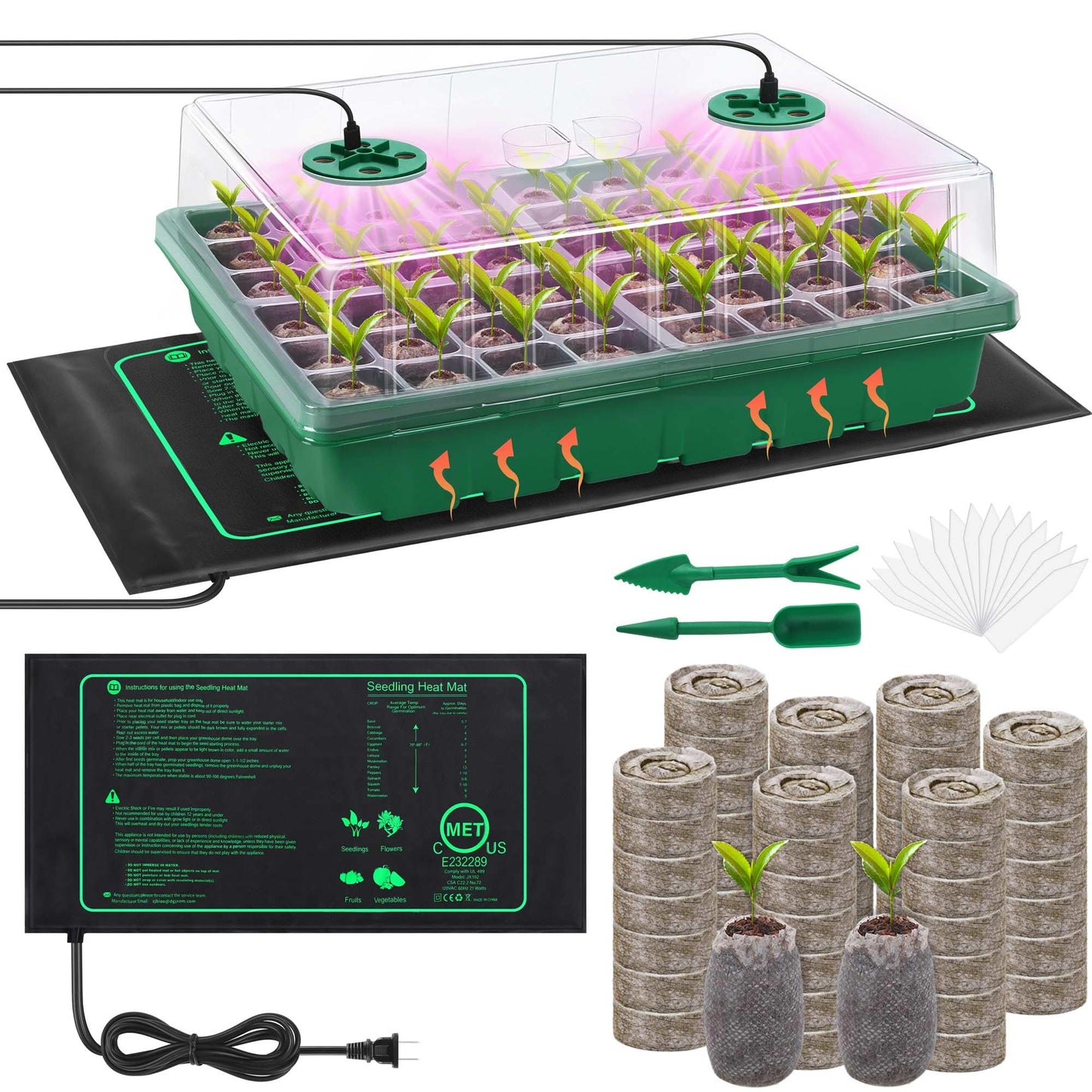 Hahood Seed Starter Kit with Grow Light Seedling Heat Mat 48 Cells Seed Starter Tray with Humidity Dome and Base Germination Trays Plastic Growing Trays Plant Propagation Kit for Seed Starting, Green