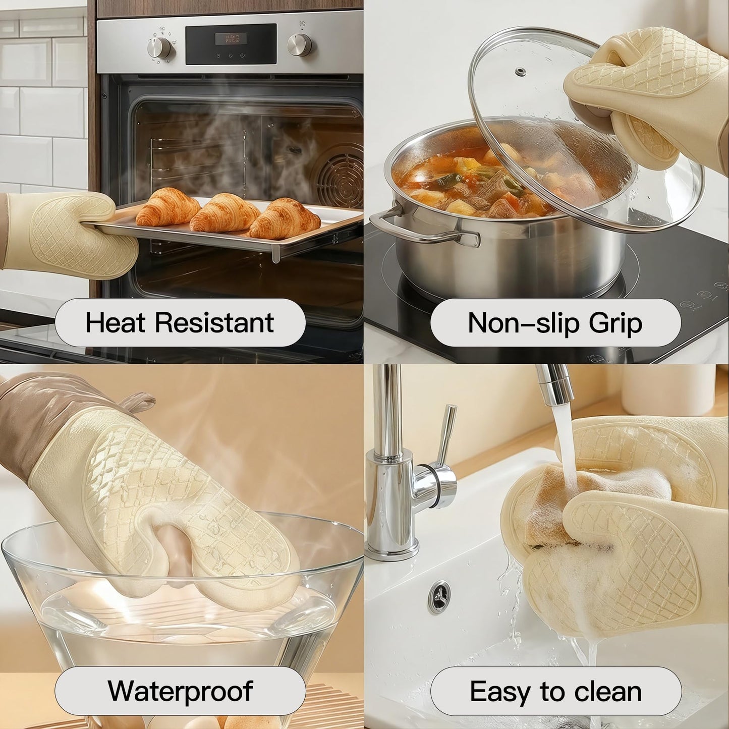 Silicone Heat-Resistant Gloves and Mats Set, Heat Resistant Up to 500°F, Soft Lined, Non-Slip, Kitchen Essentials, Kitchen Gadgets, Apartment Must-Haves, Cooking Gift（4-Piece）(Green)
