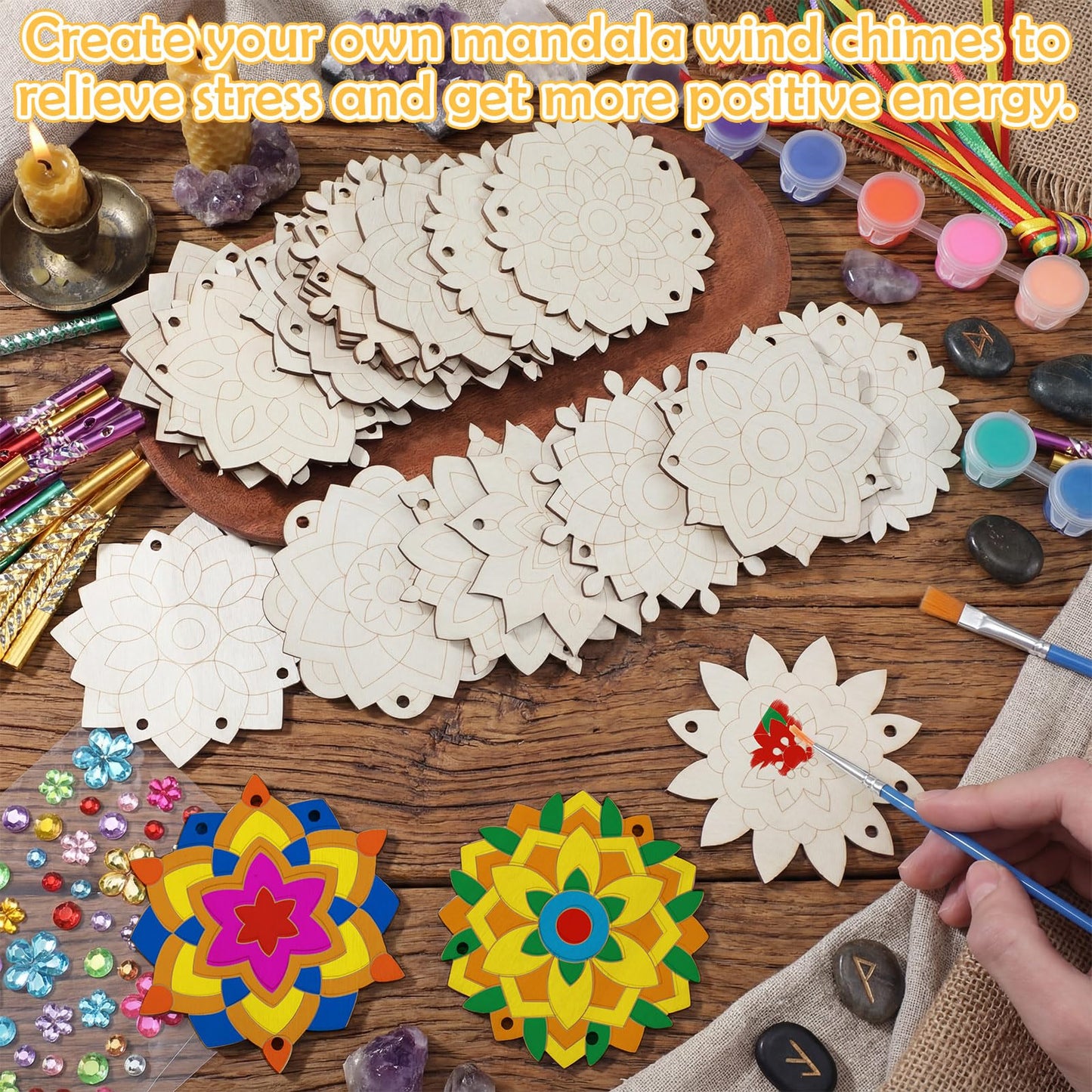 JellyArch 30 Pack Spring Mandala Wind Chime Making Crafts Kit for Adults, Make Your Own Wind Chime Bulk Wooden Hanging Ornaments for DIY Activity Birthday Summer Decoration