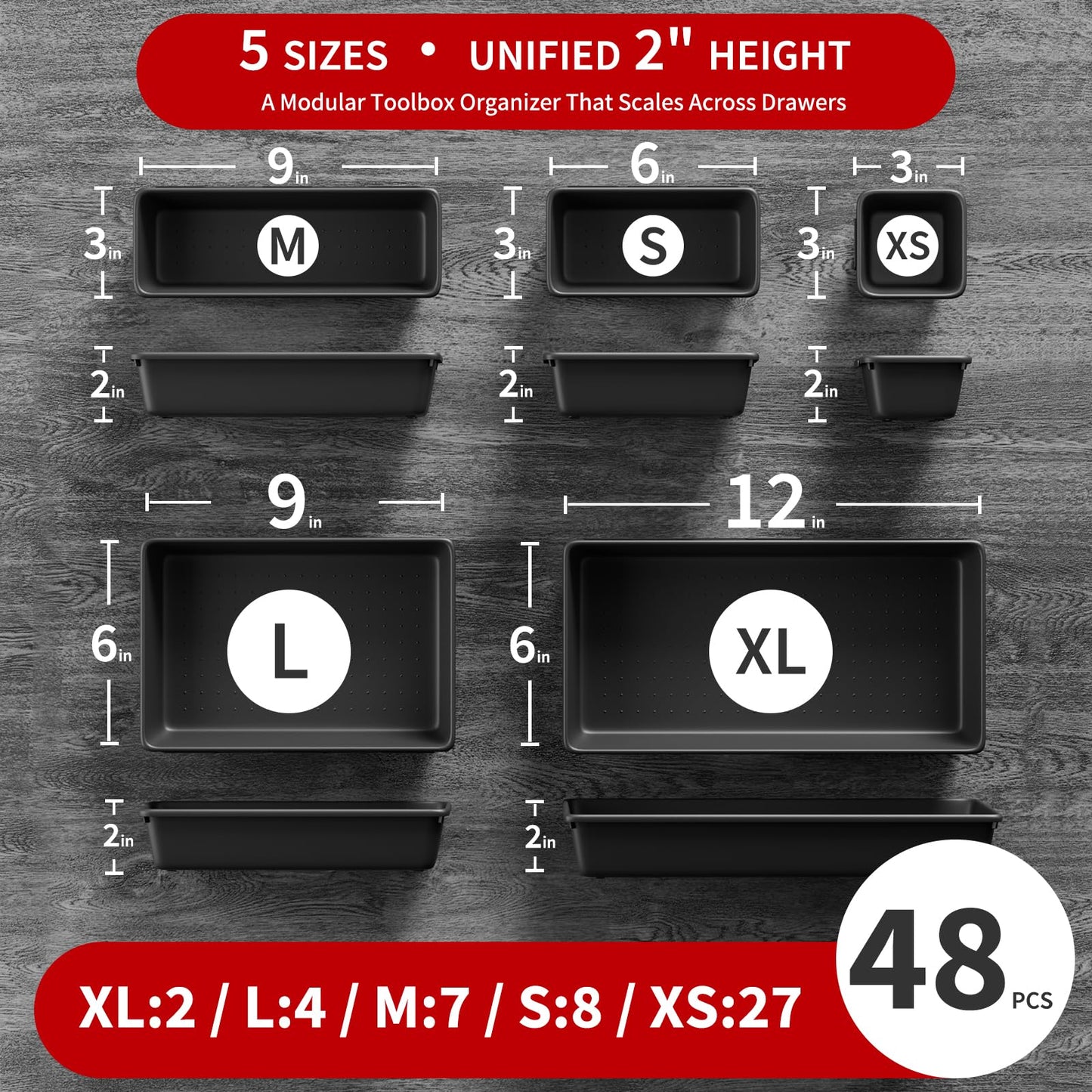 inihpocv 【48PCS & 5 Sizes】 Tool Box Organizer Tray, Toolbox Drawer Organizer with Non-Slip Pads, Desk Drawer Divider Set, Fits Rolling Tool Chest Cabinet for Garage & Workbench