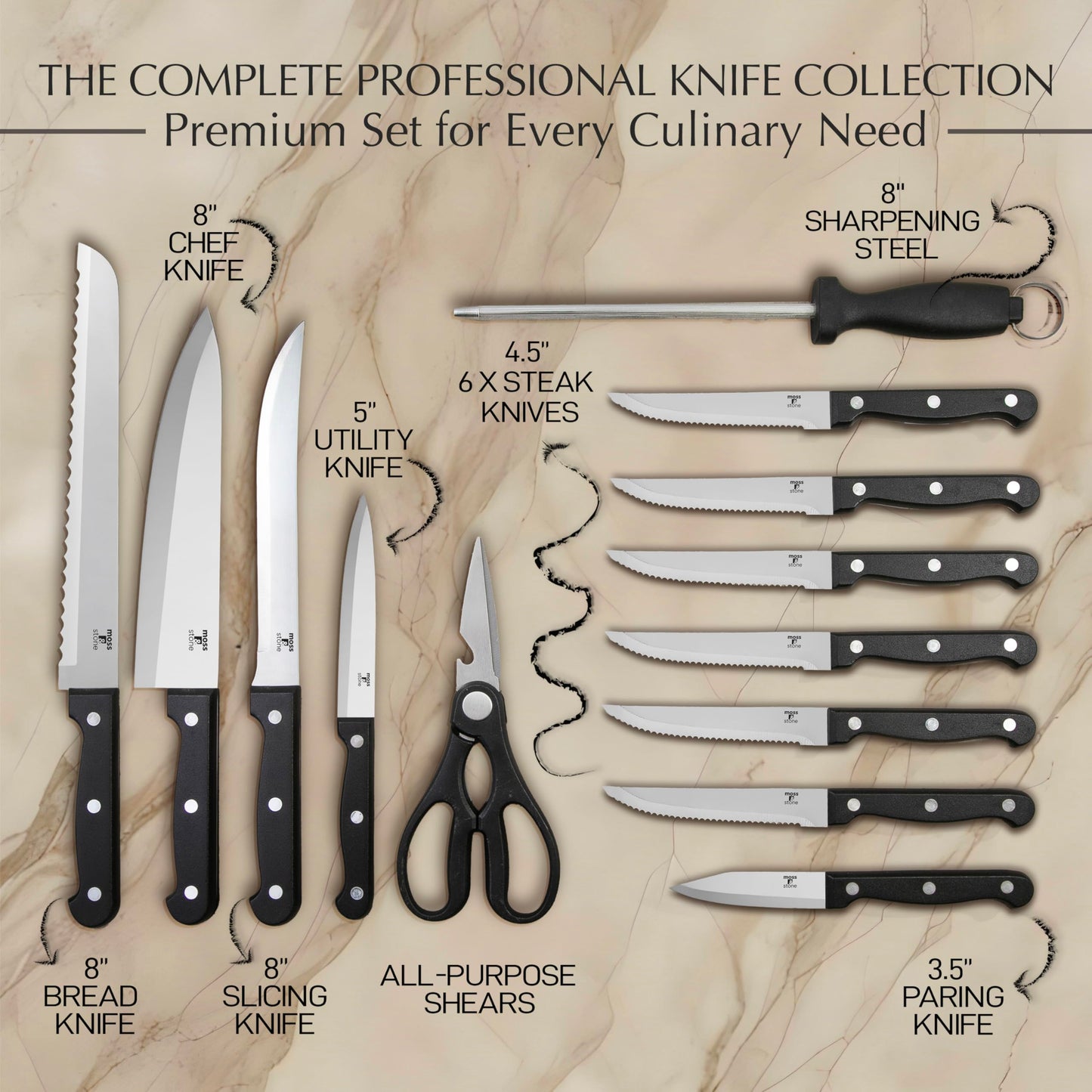 Moss & Stone 14 Pcs Knife Block Set Stainless Steel, Premium Forged Kitchen Knives Set with High-Carbon Blades, Ergonomic Handle, Sharp Blade, Rust Resistant, Modern Style for Home & Chef, Black