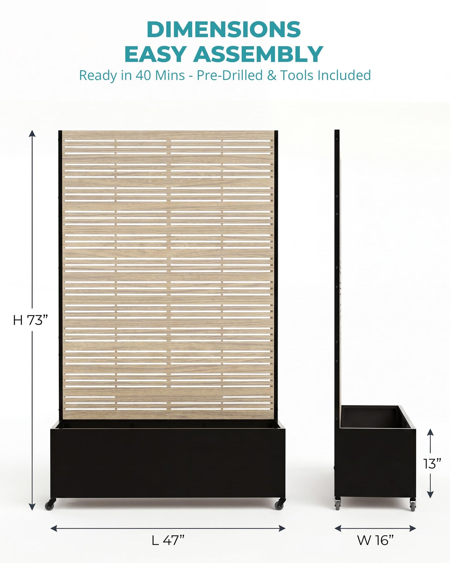 TinFrey 73" Metal Planter Box with Trellis on Wheels - Mobile Outdoor Planter with Drainage Holes & Louvered Privacy Screen, Rust-Proof Wood Grain for Patio, Balcony, Backyard, Poolside