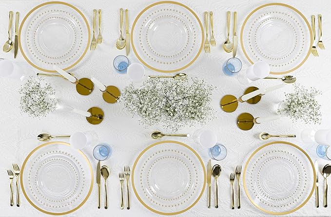 PLASTICPRO 32 Piece Plastic Dinner Plates Bowls Disposable Plastic Fancy Heavy Duty Party Dishes 12 oz Clear and Gold Bead Bowls