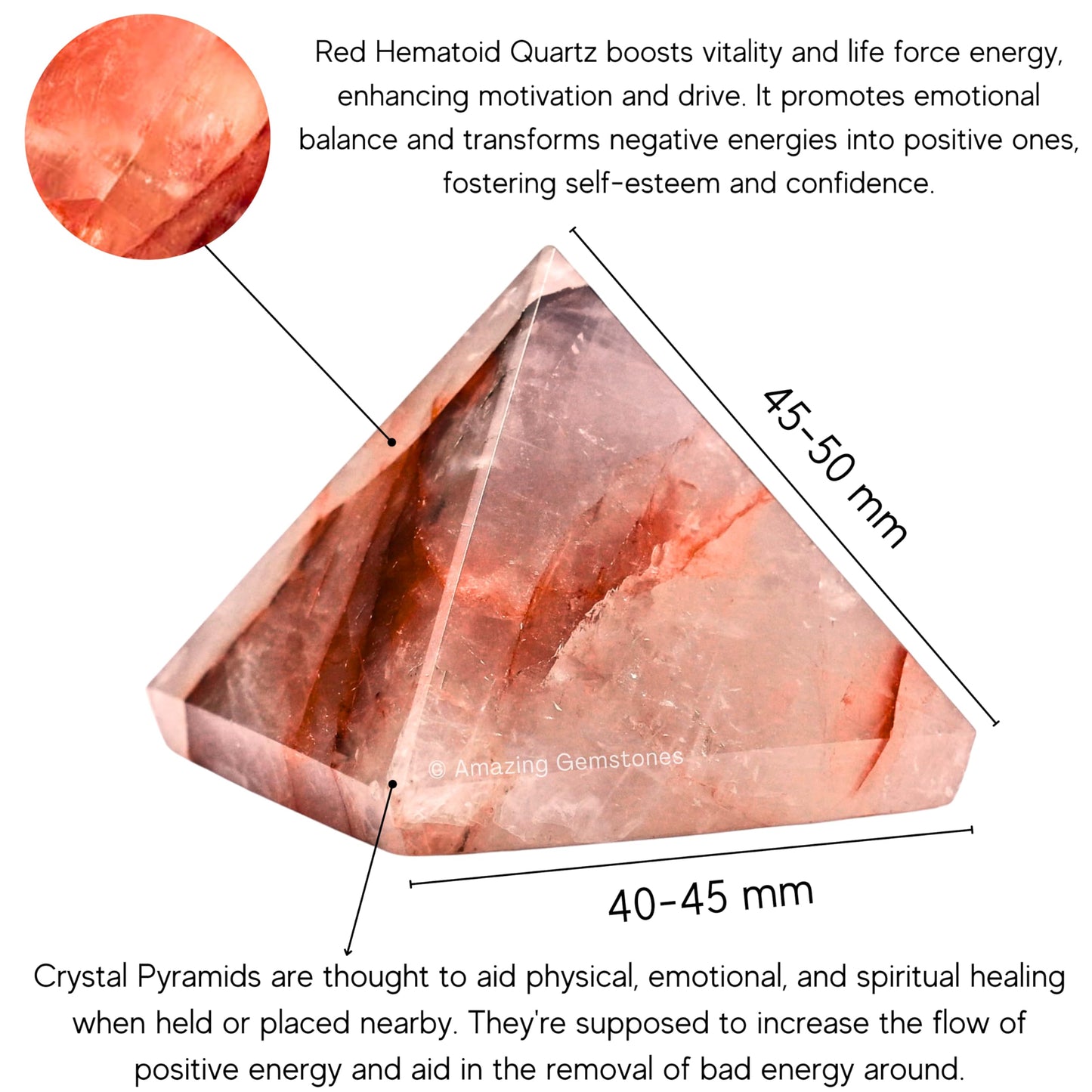 Amazing Gemstone Red Hematoid Quartz Pyramid Crystal Healing Stones - 2" Great Pyramid Figurine of Natural Stone Pyramid for Meditation, Reiki, Chakra Balancing and Crystal Pyramids Grid
