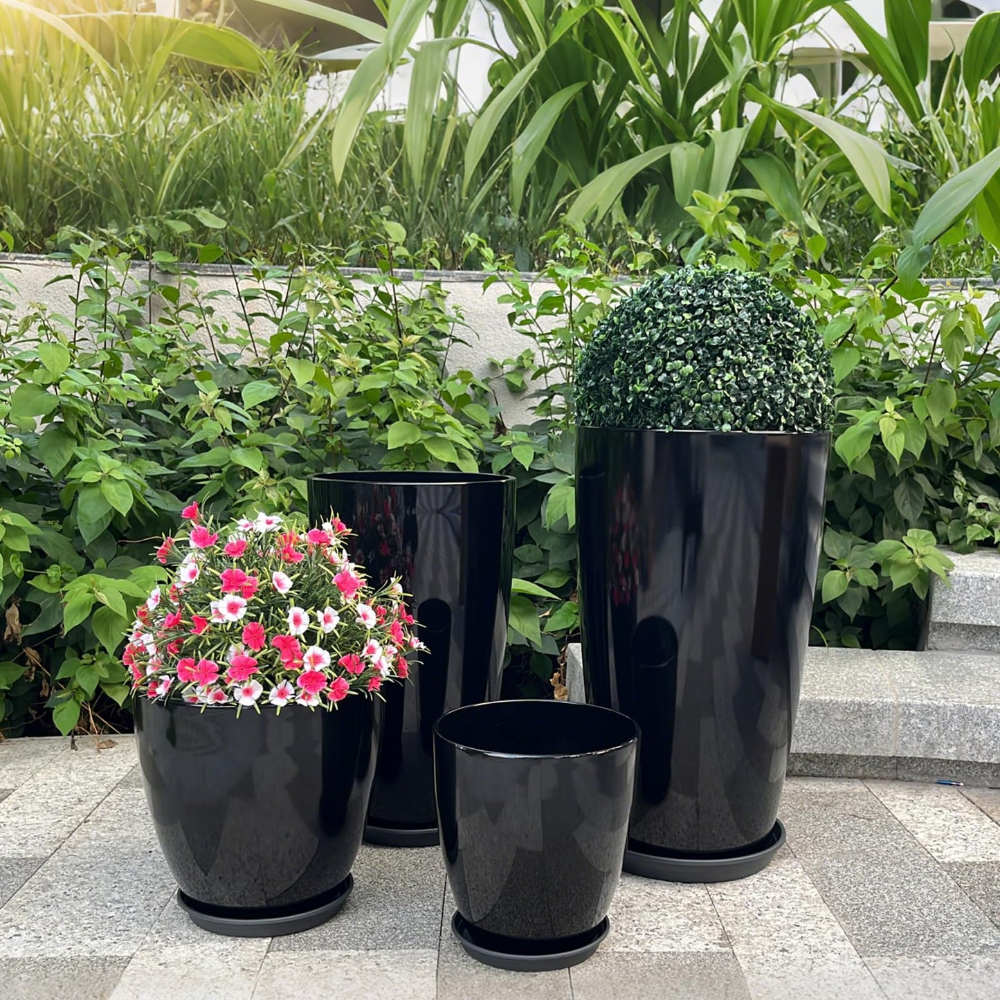 ZMTECH 24/21/12/10" H Large Plastic Planters with Drainage Hole and Saucer -Set of 4 Tall Plant Pots for Indoor & Outdoor Use,Black Glossy Smooth Lightweight Flower Pot for Front Porch Patio Deck
