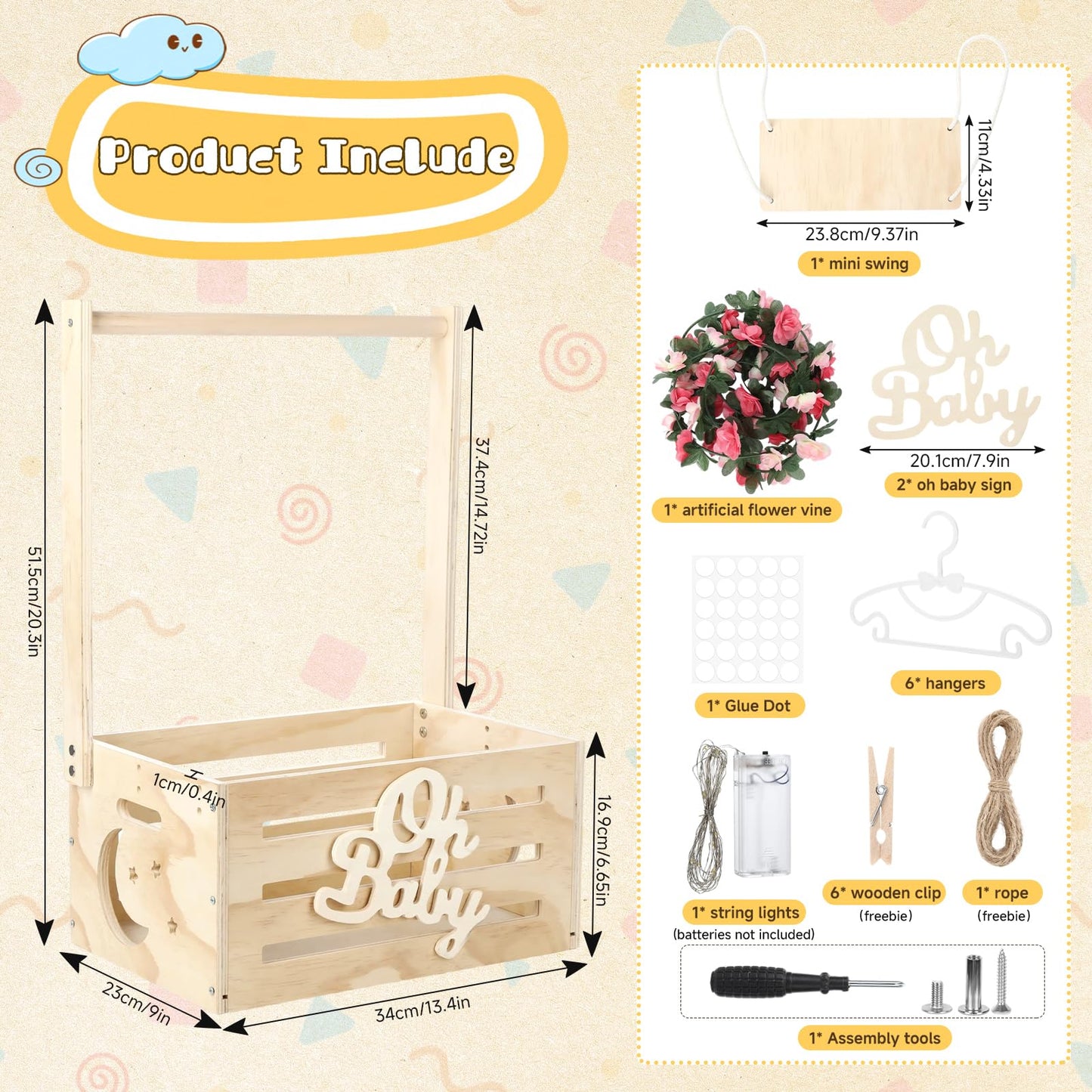 Wooden Baby Shower Crate Closet, Personalized Baby Gift Basket with Adjustable Handle, Include String Lights, Garland, 6 Hangers & 6 Clips - Unique Newborn Gift for Boys & Girls, Baptism,Birthday