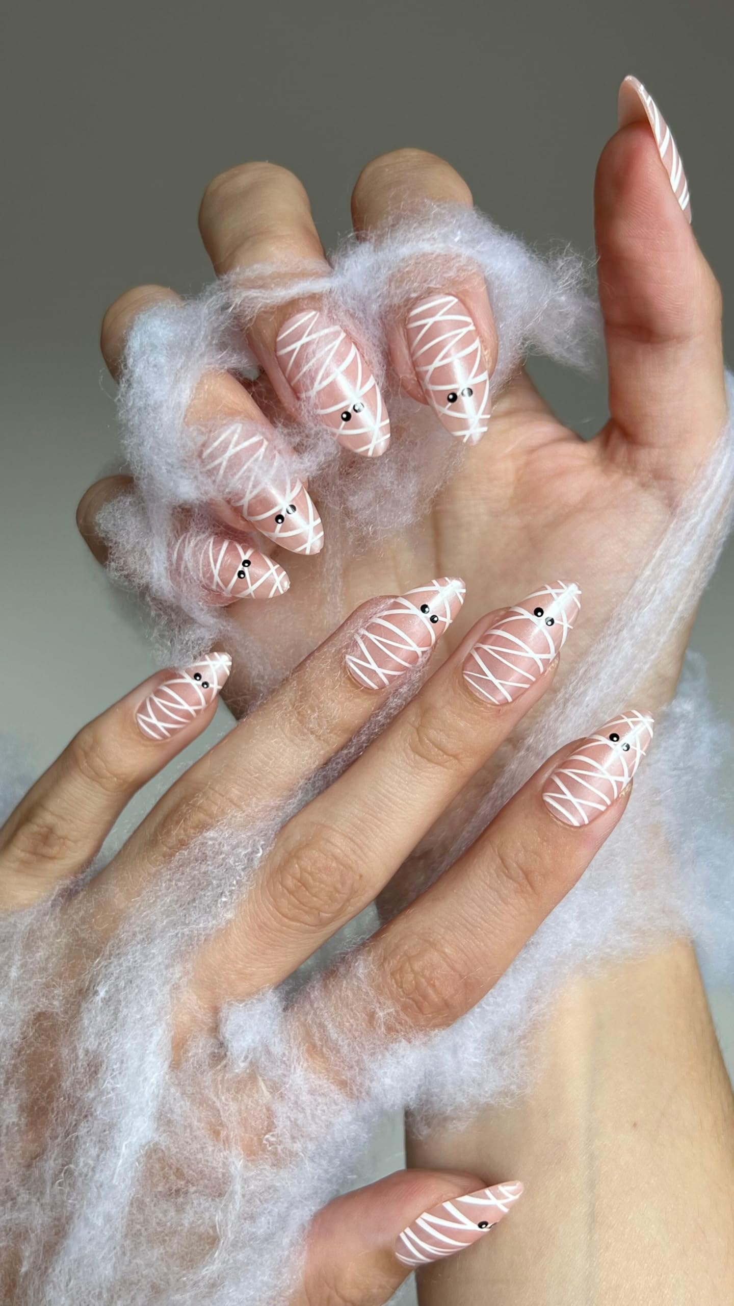 PaintLab Press On Nails - Mummy Glaze Halloween Almond Fake Nails, 30 Nails in 15 Sizes with Glue, Reusable Salon Quality Press On Nails