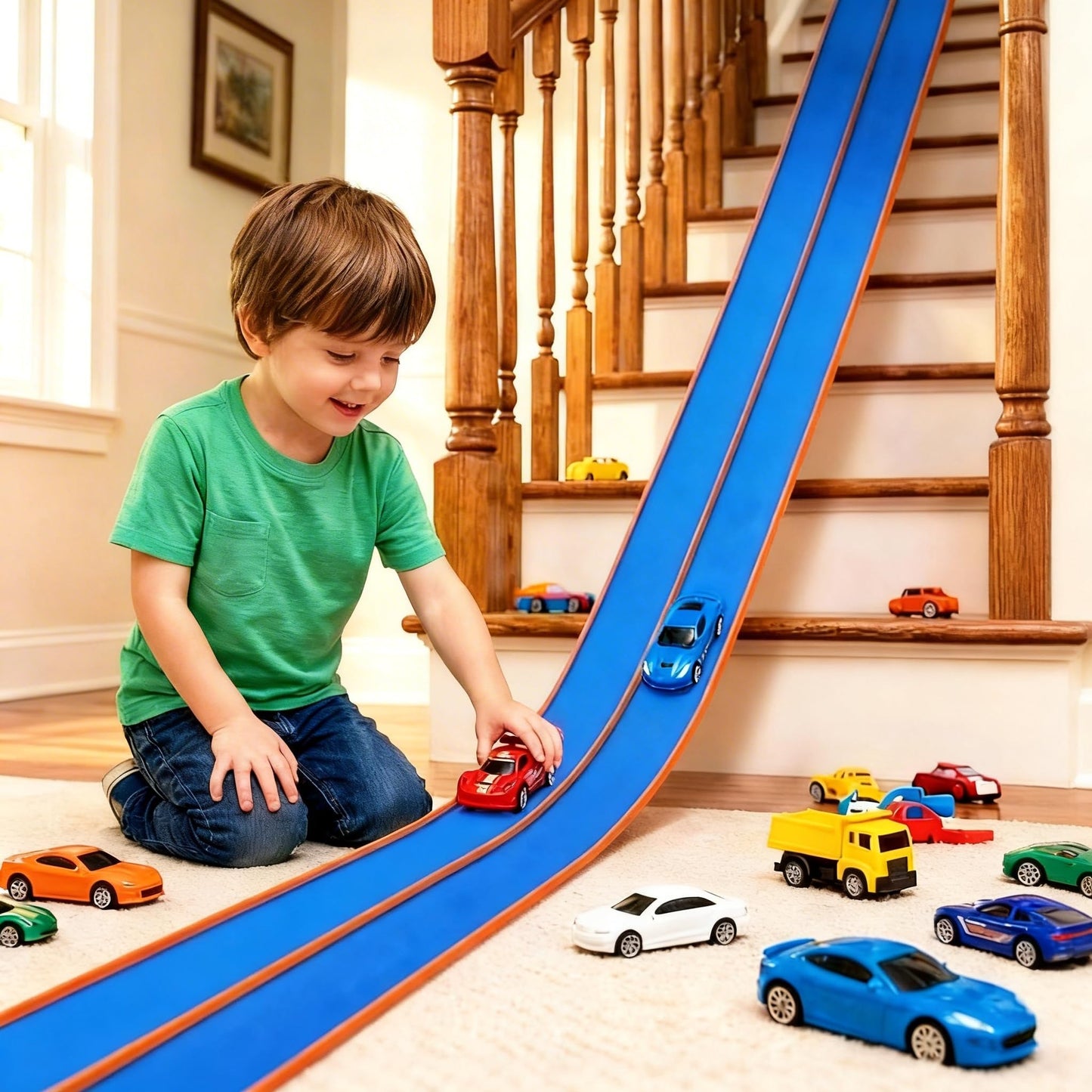 Flexible Tracks 15 Ft Flex Race Car Track for Kids Toy-DIY Car Track Set with 1/64th Rebound Cars Portable Rolls Up Race Tracks with Strong Suction Cups-Great Gifts Toys for Boys Girls Ages 3+