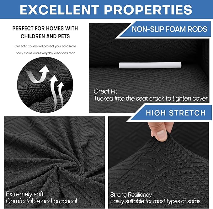 XINEAGE 2026 New Extra Large Couch Cover for 3 Cushion Couch (91"-110") 1 Piece Stretch Oversized Sofa Slipcovers Jacquard 4 Seater Furniture Protector Elastic Bottom for Kids,Pet (XL Sofa, Black)