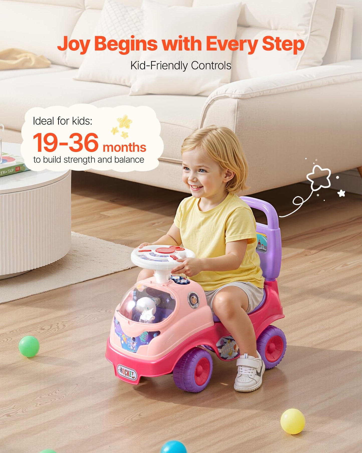 VEVOR Ride On Toddler Push Car, Push Car for Toddler 19 to 36 Months, Kids Ride On Toy with Horn & Music, 48.5 lbs Load Capacity, Under-seat Storage, Foot-to-Floor Walker for Toddlers Boys Girls, Pink