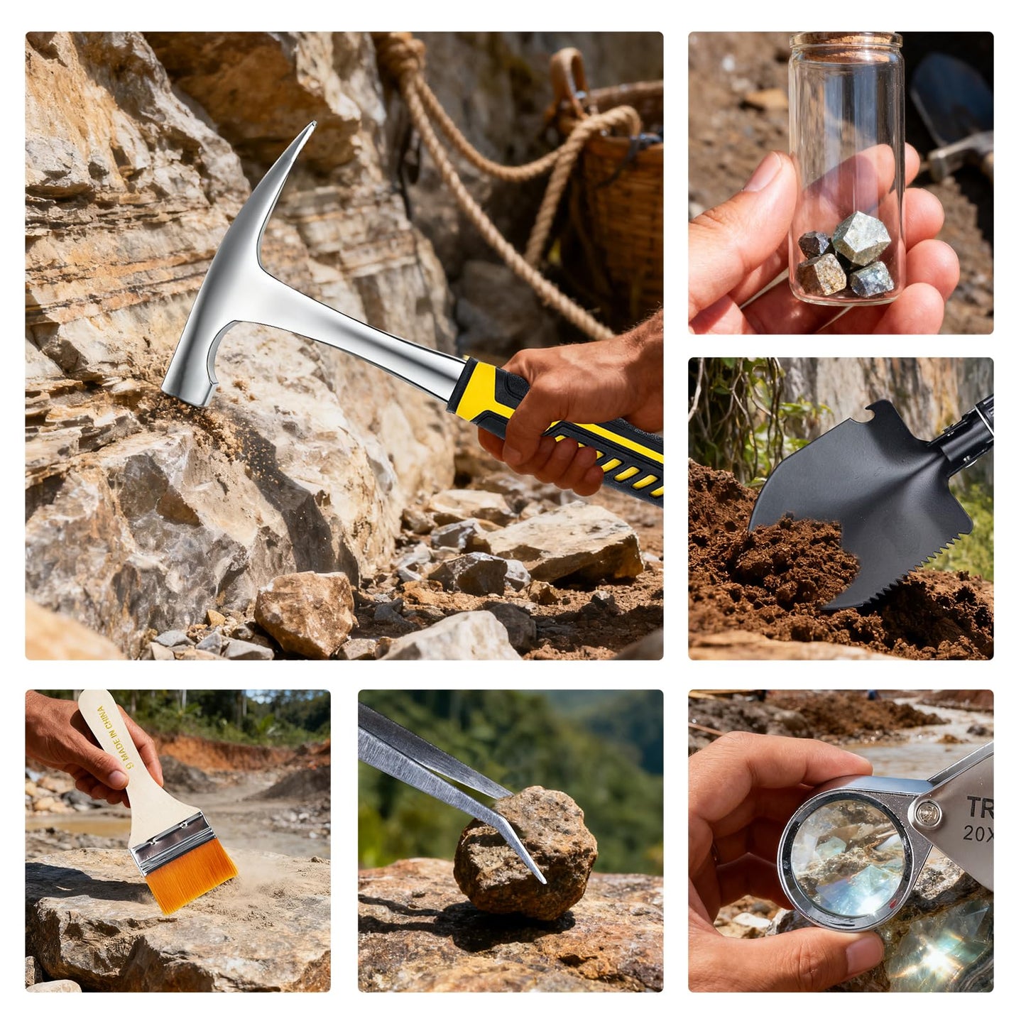 DigNew Geology Rock Pick Hammer Kit – 25PCS Rock Hammer Kit, Complete Geology Kit with Chisels,Folding Shovel, Safety Gear,Gold Panning Kit Accessories, Rock Hounding Equipment for Outdoor Exploration