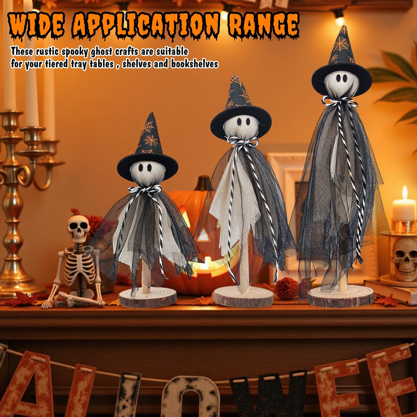 Halloween Decorations Ghost Shelf Sitters – Set of 3 Wooden Halloween decor with Witch Hats – Fabric Ghost Figures with Spiderweb Design – Table Decor for Tiered Tray, Mantel, Party Supplies(Black)