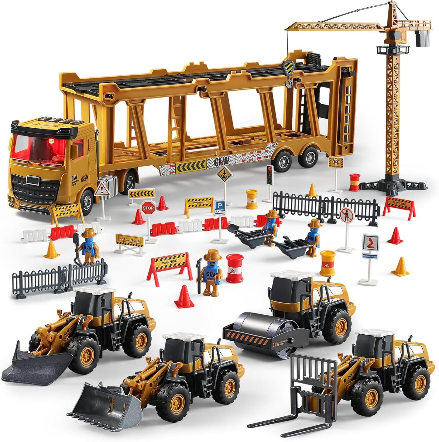 GLW Construction Trucks Toy Set – Alloy Inertia Driving 1:40 & 1:55 Simulation Model Toys, Including Forklifts, Wheel Loader, Road Rollers, Bulldozer, and High Cranes with Scenario Accessories