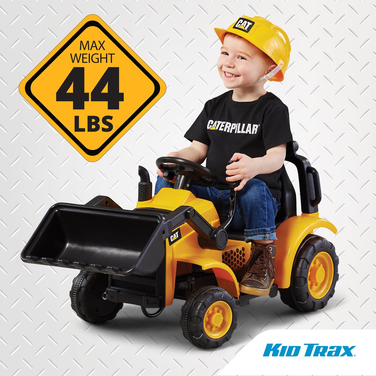 Kid Trax 6V CAT Frontloader Ride-On Toy for Kids, Ages 18-36 Months, Max Weight 44 lbs, Easy Push Button Drive System and Pull Front Bucket Lever, Includes Toy Hard Hat