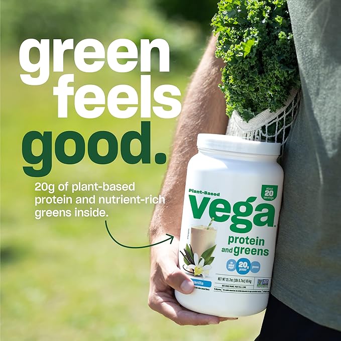 Vega Protein and Greens Protein Powder, Vanilla - 20g Plant Based Protein Plus Veggies, Vegan, Non GMO, Pea Protein for Women and Men, 1.2 lbs (Packaging May Vary)