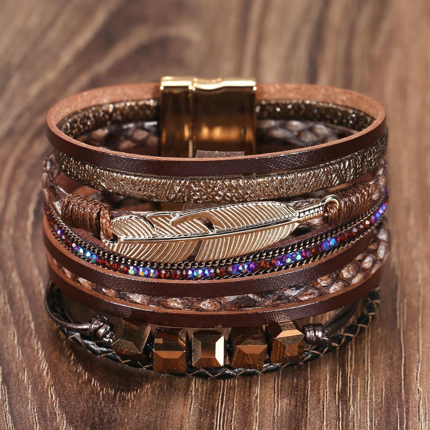 Leopard Bracelet for Women, Boho Leather Wrap Multi-Layer Pearl Crystal Bracelet Bangle Jewelry (Cube(Brown))