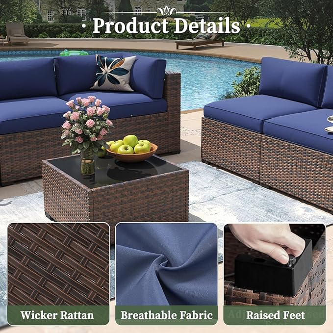 Aoxun 14 Piece Patio Furniture Set Wicker Rattan Patio Conversation Set Outdoor Sectional Sofa Set with Coffee Table and Thickened Cushions, Blue(Waterproof Cover Included)