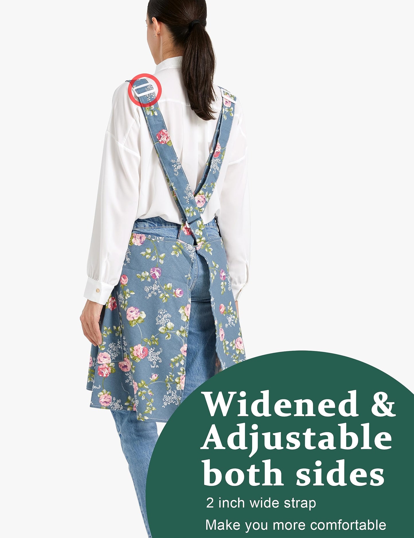 APRONNER Cozy Adjustable Cross Back Aprons for Women with Pockets Cotton Linen Cooking Kitchen Baking Rose Flower