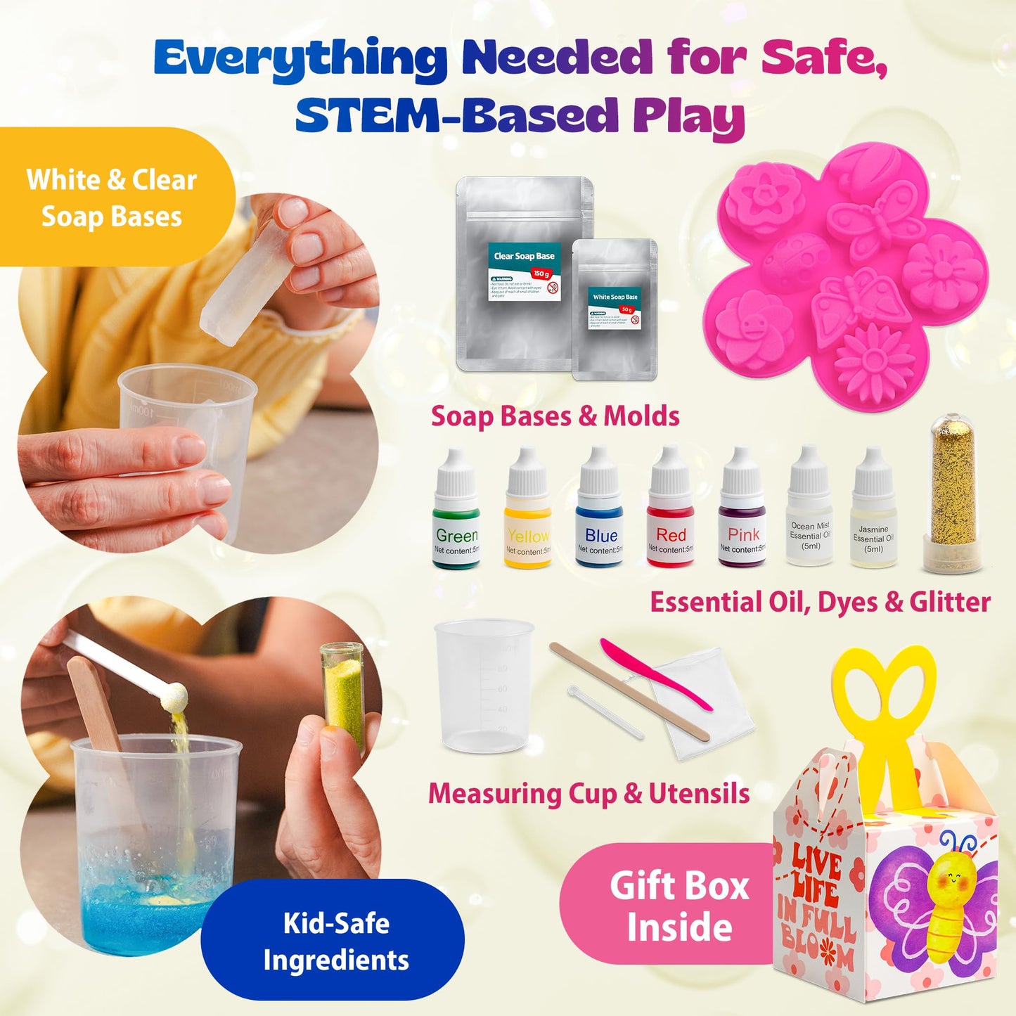 Pinwheel Crafts DIY Soap Making Kit for Kids Ages 5 6 7 8-12+ with Molds, Scents, Dye, Glitter, Foaming Net - Flower Soap Making Kits for Adults Beginners Great for Science Projects and Crafts