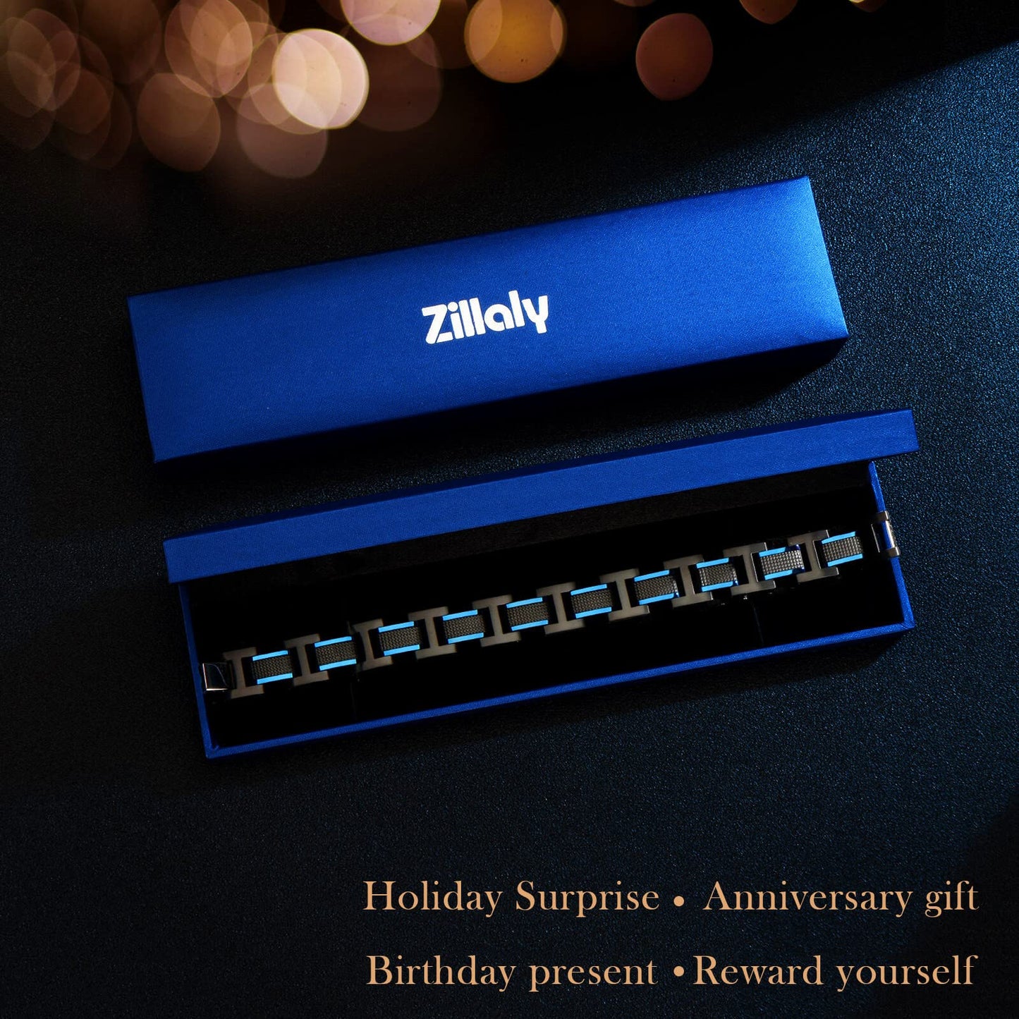 Zillaly Men's Stainless Steel Two-Tone Square Link diamond Bracelet in Black & Blue Ion-Plated Black (blue black)