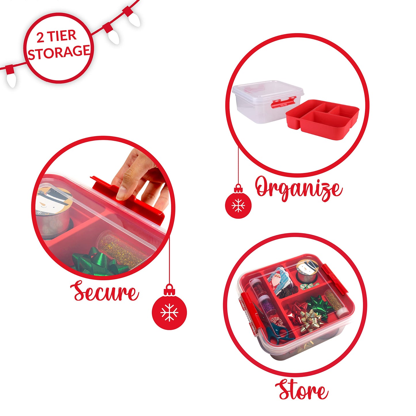 Simplify 5 Compartment Gift Supply Storage Box | 2 Tier Box | Red | Clear Top Lid | Dimensions: 9.5"x 9.5"x 4.5" | Snap Handle| Storage | Wrapping Accessories