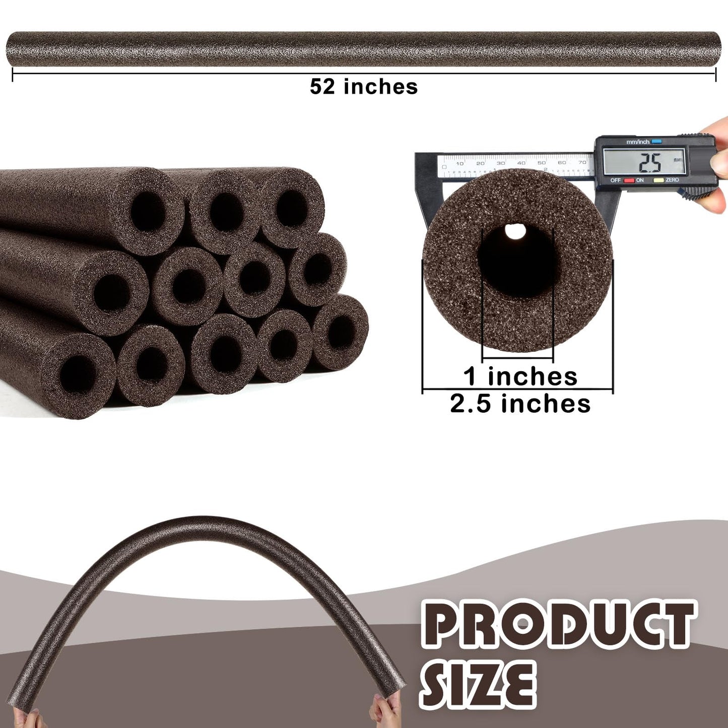 Nezyo 12 Pack Pool Noodles Foam Swim Noodles 52 Inch Jumbo Hollow Swimming Pool Noodle Bulk Floats Heavy Duty for Xmas Decoration Craft Projects Padding Bumper(Brown)