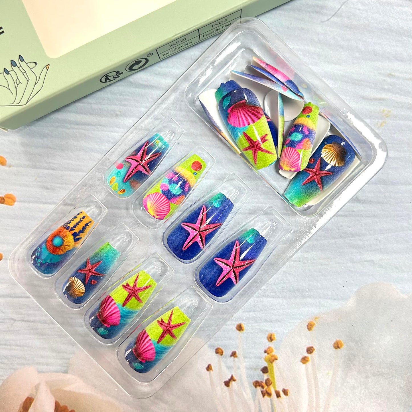 Shell Starfish Press on Nails Long Colorful Shell Pattern Design Ocean Acrylic False Nail Ballet Artificial Stick on Nail Full Cover Glossy Blue Gradient Artificial Fingernail Glue on Nails for Women
