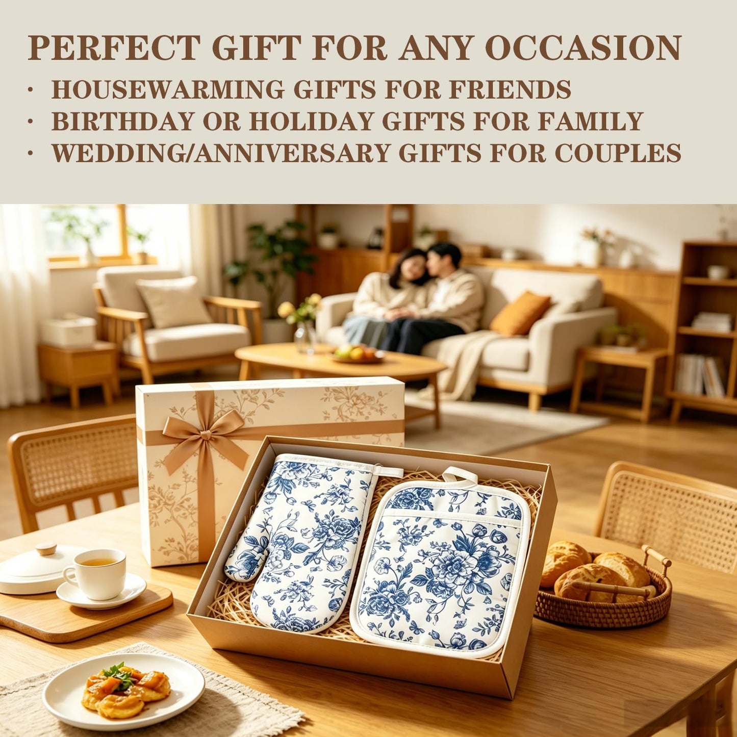 AnyDesign 4Pcs Blue Porcelain Floral Oven Mitts and Pot Holders Set Heat Resistant Non-Slip Potholders Chinoiserie Flower Kitchen Oven Gloves with Hot Pads for Cooking Baking