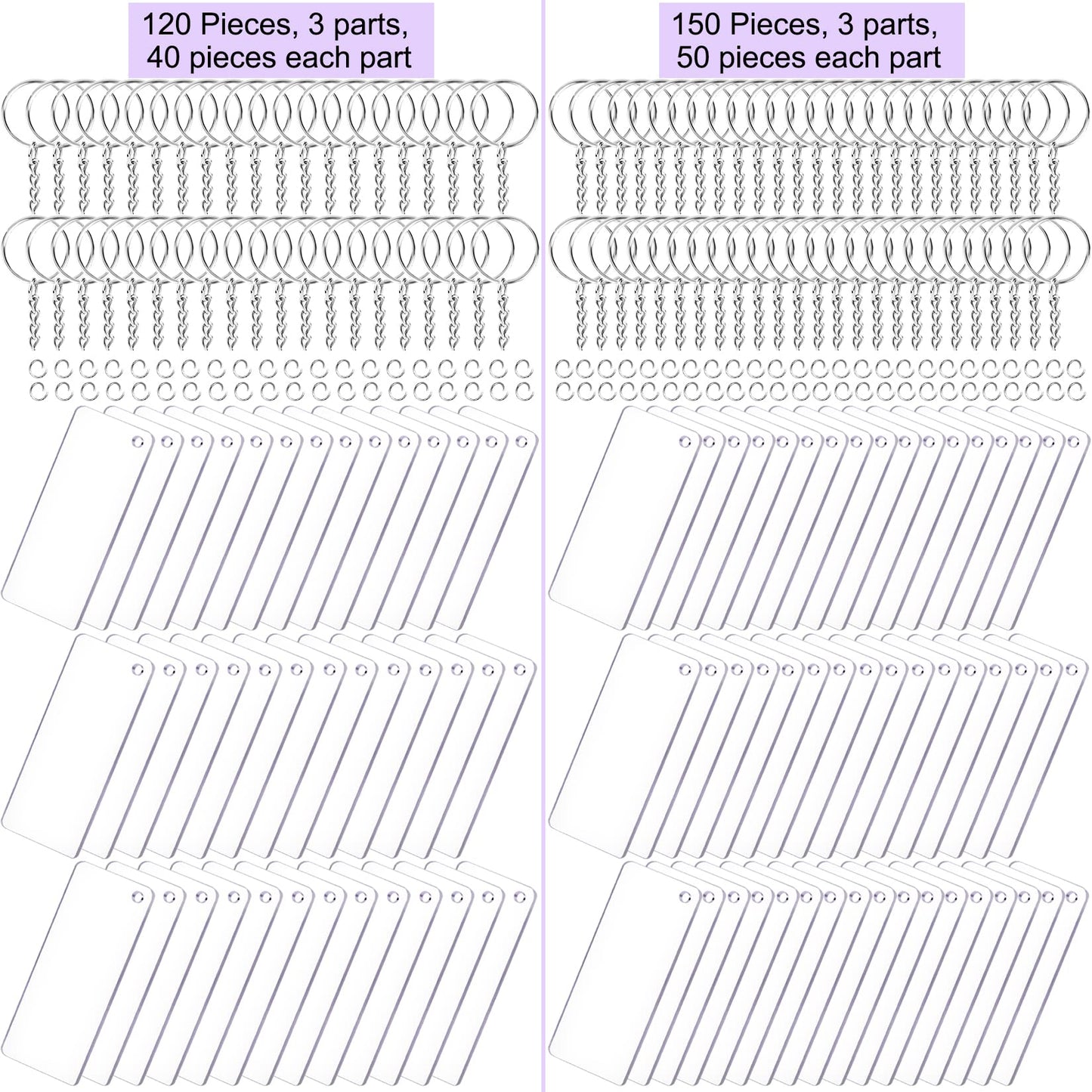 Duufin 120 Pieces Acrylic Keychain Blanks Set Including 40 Pieces Rectangle Acrylic Ornament Blanks (3 x 7cm) 40 Pieces Key Rings with Chain and 40 Pieces Jump Rings for DIY Projects and Craft