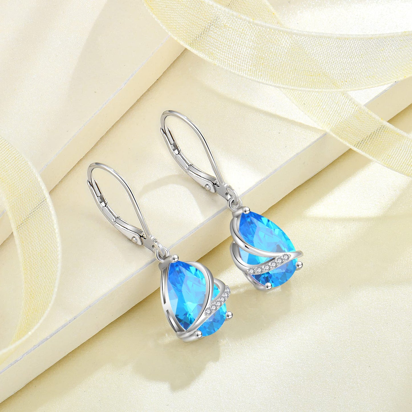 Rocayi Teardrop Aquamarine Earrings 925 Sterling Silver Dangle Drop Earrings March Birthstone Jewelry for Women