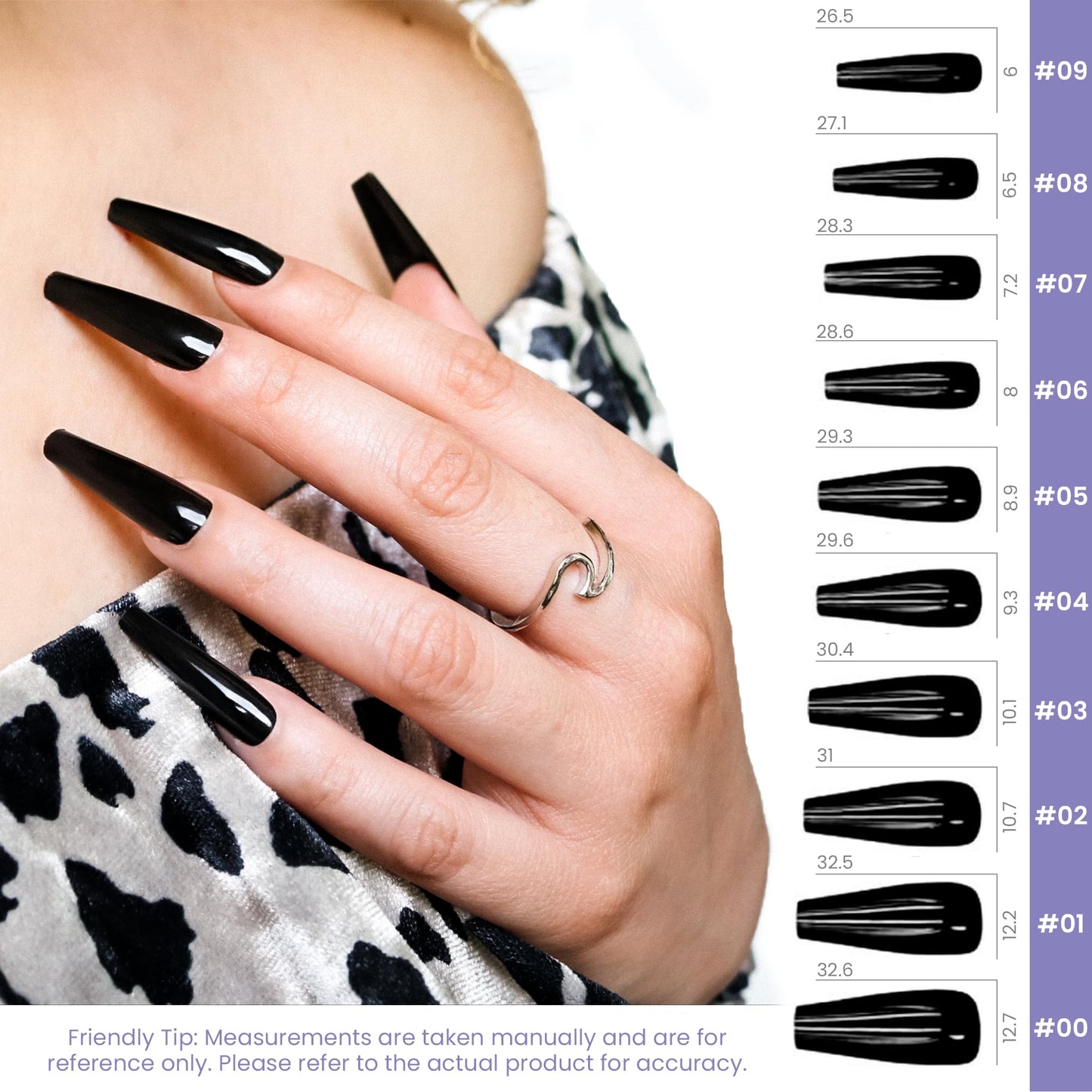 Allkem Coffin Press on Nails Extra Long Ballerina (20 Pieces) - Glossy Nail Extensions Kit - 10 Sizes Glue on Fake Nails (Black)